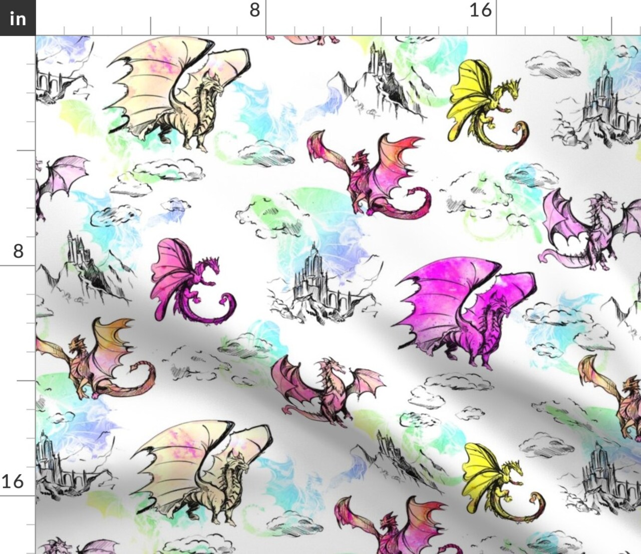 Dragon Rainbow Dragons Multi Book Illustration Custom Printed Fabric by Spoonflower Various Fabrics by the Yard or Fat Quarter